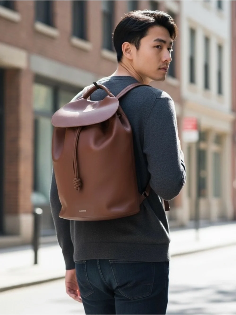 LOEWE Yago Brown Leather Drawstring Backpack